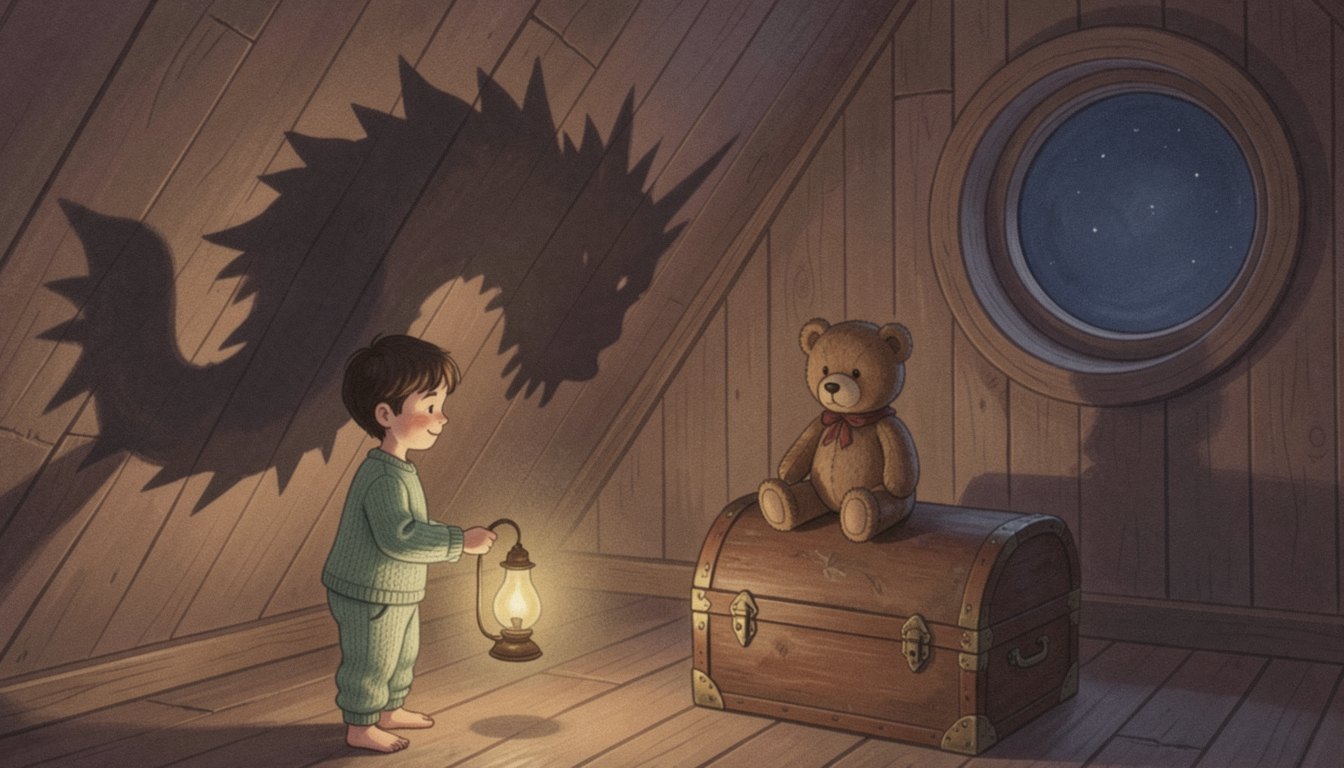 Malowana ilustracja: mały chłopiec na strychu nocą trzyma lampę naftową i uśmiecha się do ogromnego, kolczastego cienia potwora na skośnej drewnianej ścianie, a obok na starym kufrze siedzi zwykły pluszowy miś.